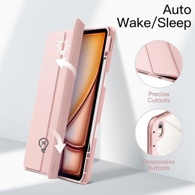 JETech Case for iPad Air 13-Inch M4/M3/M2 (2026/2025/2024) with Pencil Holder, Clear Transparent Back Shell Slim Stand Shockproof Tablet Cover, Auto Wake/Sleep (Sandy Pink)