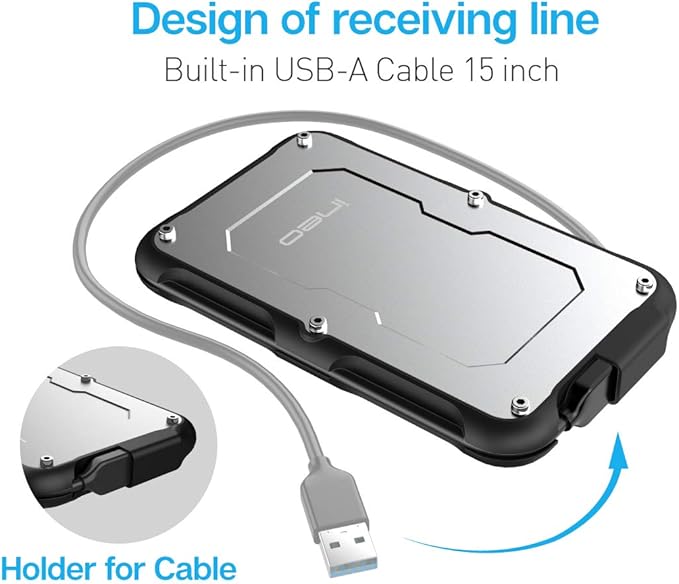 ineo 2.5" USB 3.0 Type-A Rugged Waterproof & Shockproof External Hard Drive Enclosure for 9.5mm & 7mm SATA HDD/SSD [T2580]