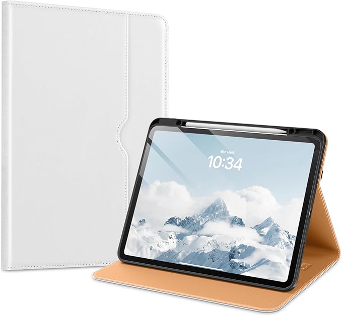 VIKESI Case for iPad Pro 13-inch M5 or M4 Released in 2025 or 2024, Leather Stand Cover with Apple Pencil Holder, Auto Wake/Sleep, Multiple Viewing Angles, Built in Hand Strap & Pocket,White