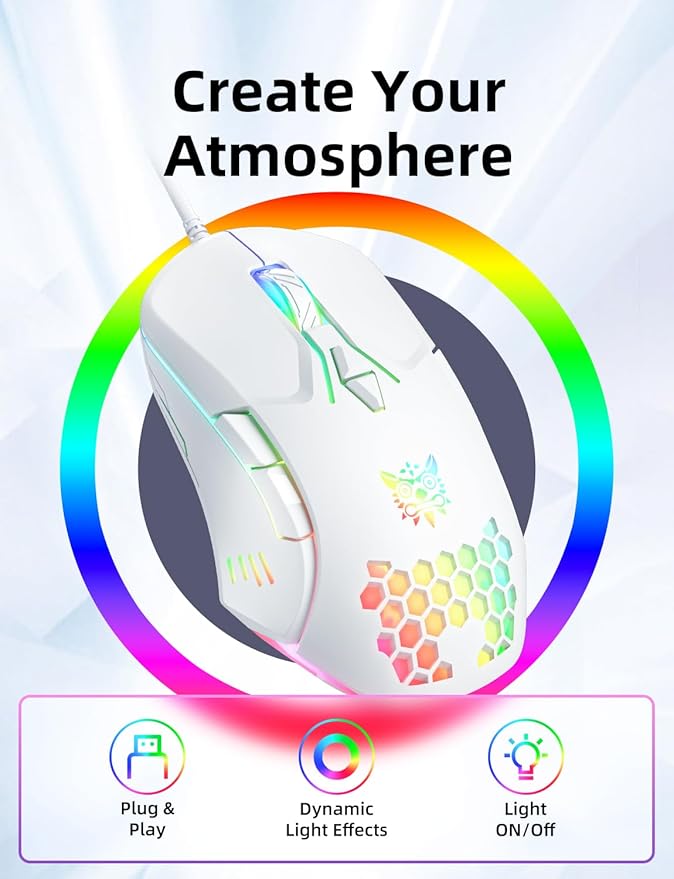 Wired PC Gaming Mouse: High Precision Sensor,RGB Backlit, Adjustable DPI, 7 Buttons Programmable,Ergonomic mice for Office & Gaming on Windows/Mac/Linux/Chrome-White