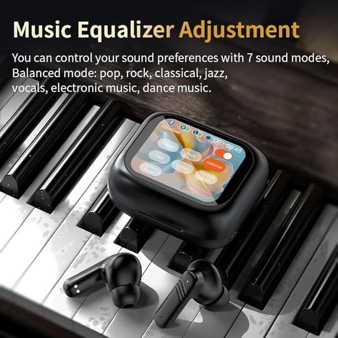 Touch screen earbuds Wireless Earbuds - Active Noise Cancelling Earbuds ANC with Smart Touch Screen - Ear Earbuds with Wireless Charging Case LED Display Deep Bass Earphones Headset with Built (Black)
