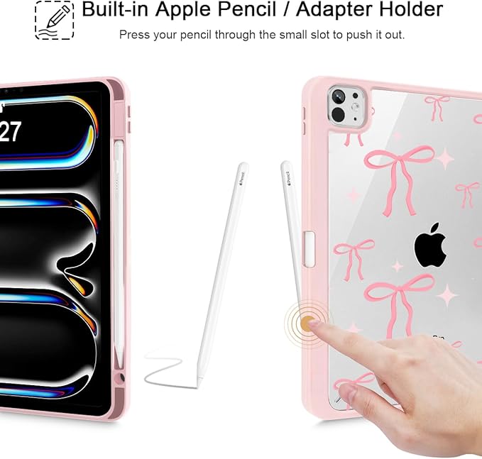 May Chen Case for iPad Pro 11-Inch M5/M4 2025/2024 (6th/5th Generation), Clear Transparent Print Back Shell Slim Stand Shockproof Tablet Cover, Auto Wake/Sleep, Pink Bows P721