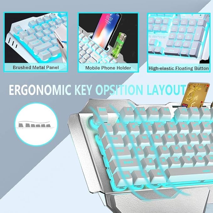 Wireless Keyboard and Mouse, Blue LED Backlit Rechargeable Keyboard with 3800mAh Battery, Metal Panel, Removable Hand Rest Mechanical Feel, 7 Color Gaming Mute Mouse for PC Gamers