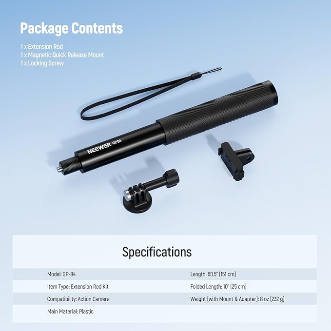 NEEWER Extension Rod Kit Compatible with DJI OSMO Action 5 Pro 4 3 GoPro Insta360 AKASO, 60.5" Invisible Selfie Stick, Action Camera Adapter & Magnetic Quick Release Mount for Video Recording, GP-84