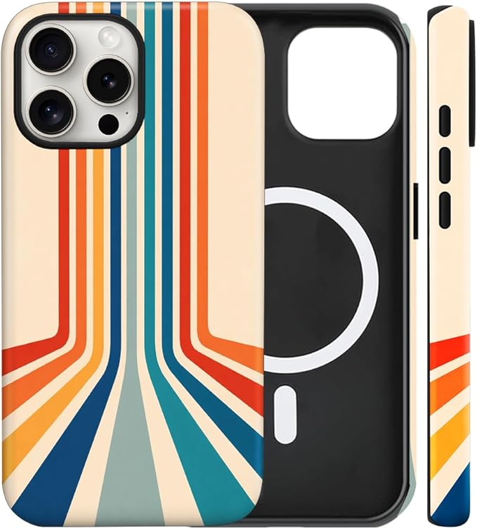 Magnetic for iPhone 15 Pro Max Case Cute Stripes Phone Case, Shockproof Slim TPU and Hard PC Protective Phone Cover Compatible with MagSafe Designed for Women Girls,Retro Stretch