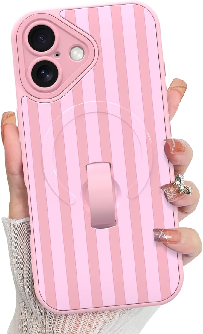 KANGHAR Compatible with iPhone 17 Case, Support for MagSafe, Silicone Stripes Cute Pattern, Wristband Kickstand Camera Protection Soft Slim Cover for Girls Women -Pink