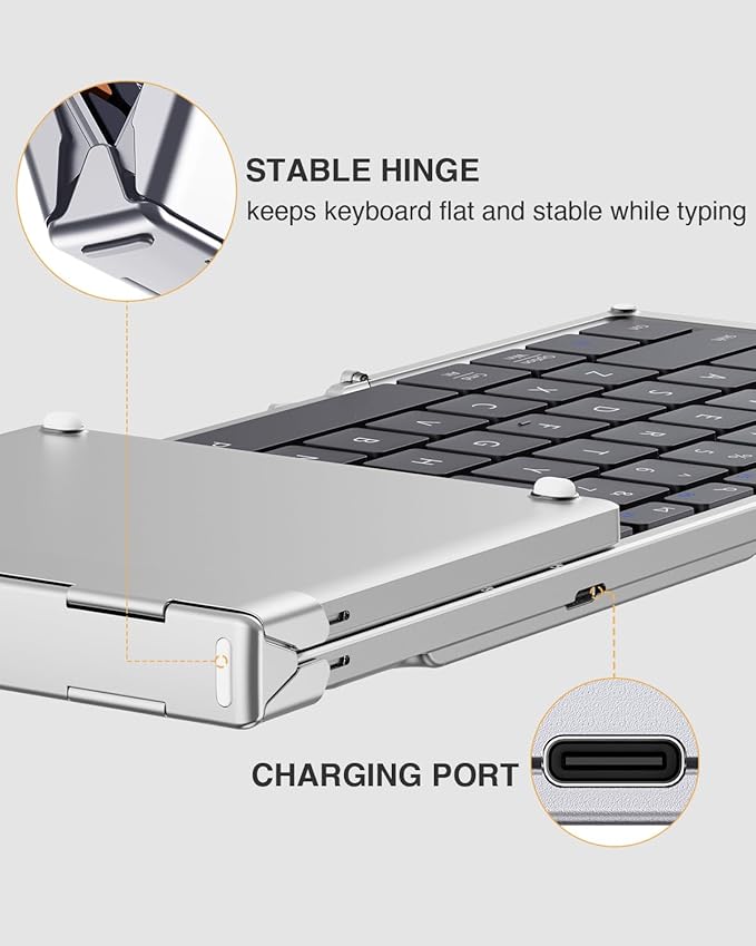 ProtoArc Foldable Bluetooth Keyboard, XK01 Full-Size Portable Keyboard for Travel, 105 Keys, 0.65" Keycaps, Multi-Device Sync for iPad Tablet Smartphone Laptop PC Windows iOS Android, Black Silver