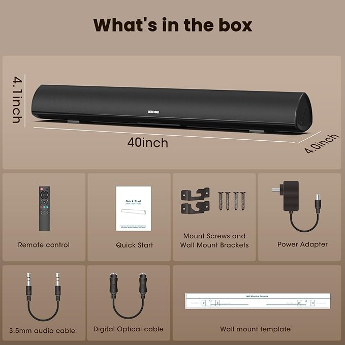 BESTISAN 100 Watt 40 Inch TV Sound Bar, Home Theater System Wired and Wireless Soundbar Speaker(Bluetooth 5.0, 105dB, Dsp Audio, Bass Adjustable, Wall Mountable)