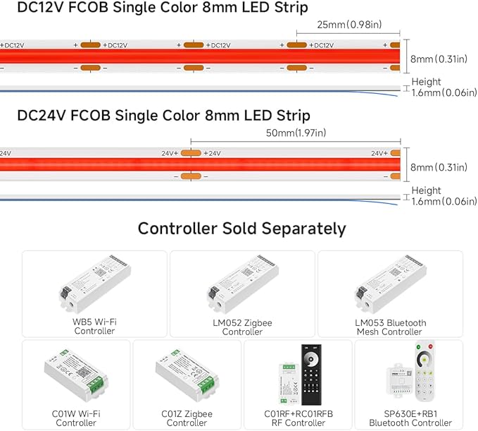 BTF-LIGHTING FCOB COB LED Strip Red Color 480LEDs/m 16.4FT DC12V Flexible High Density Uniform Light 8mm Width Bright Dimmable for Bedroom Indoor Decor(No Adapter or Controller)
