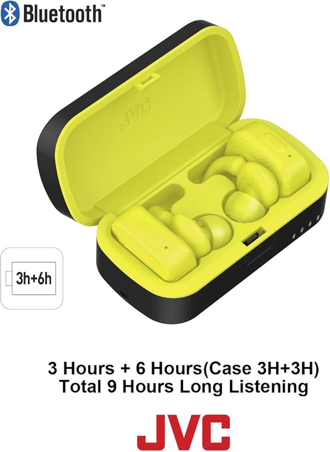 JVC True Wireless Earbuds for Sports & Fitness, Sweat/Water Proof IPX5, Bluetooth Connectivity, Pivot Motion Fit, 3 Point Support Structure, 3+6 Hours Battery Life - HAET90BTY (Yellow), One Size
