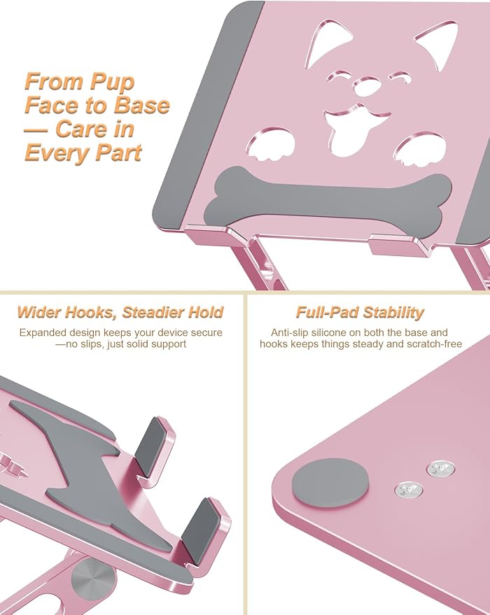 Aoviho Laptop Stand For Desk-Adjustable, Foldable, Portable, Ergonomic Aluminum Notebook Riser with Unique Puppy Cooling Vent, Desk Gift for 10"-17.3" Devices Mac, Dell, HP, Lenovo, Samsung, Rose Gold