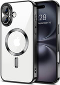 Hython Magnetic Clear for iPhone 16 Plus Case with Camera Lens Protector [Compatible with MagSafe] Luxury Plating Edge Slim Soft TPU Cover Protective Phone Case for iPhone 16 Plus 6.7", Black
