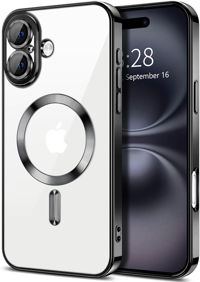 Hython Magnetic Clear for iPhone 16 Plus Case with Camera Lens Protector [Compatible with MagSafe] Luxury Plating Edge Slim Soft TPU Cover Protective Phone Case for iPhone 16 Plus 6.7", Black