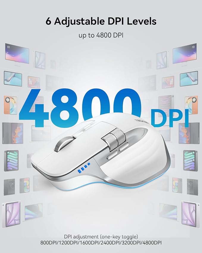 TECKNET Wireless Mouse, Bluetooth Mouse (BT5.3/5.0 & 2.4G) Rechargeable Ergonomic Optical Mouse with 6 Adjustable DPI, Side Scroll, Quiet Clicks, USB A Receiver, 7 Buttons, Wide Compatibility - White