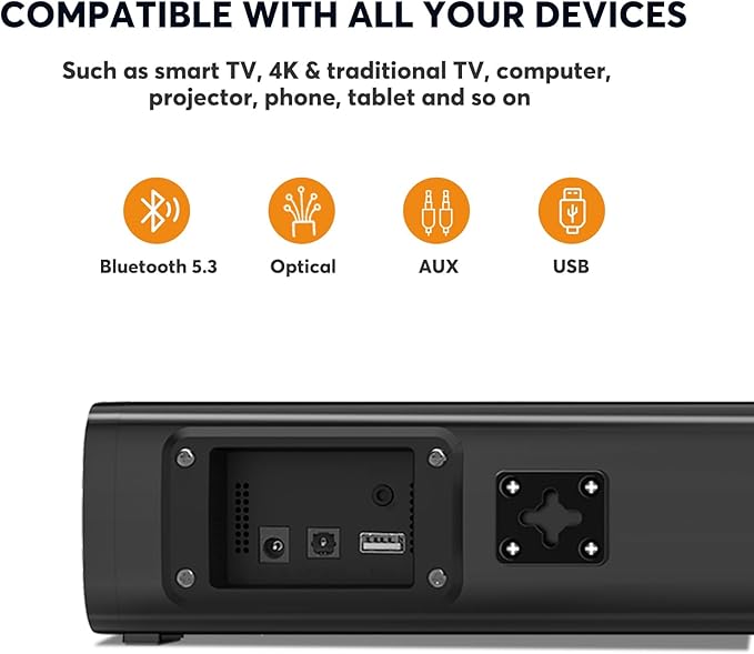 2.1 Sound Bars for TV, Built-in Subwoofer, 6 Levels Voice Enhancement, 16 Inches TV Soundbar Speakers with Bluetooth 5.3/Optical/AUX/USB Connection, Wall Mount, 3 EQ Modes, S100