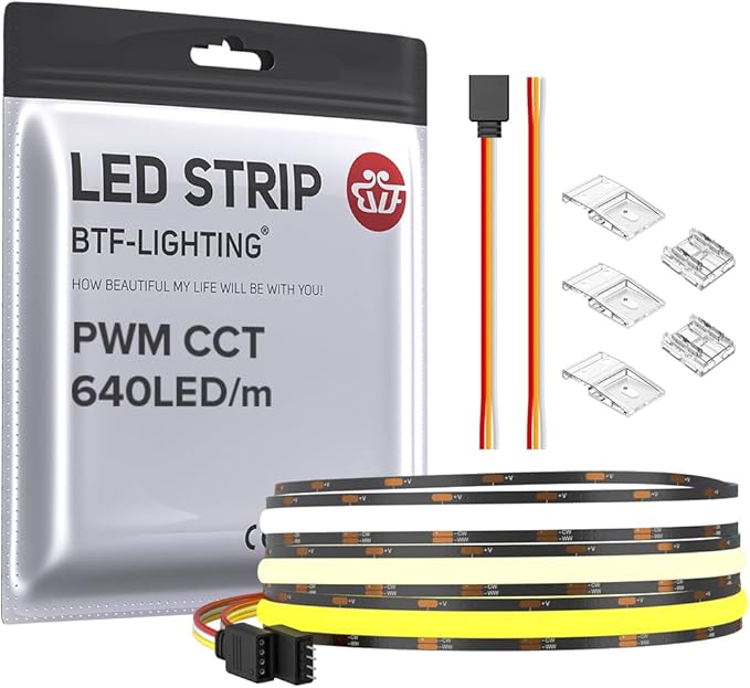 BTF-LIGHTING FCOB CCT COB LED Strip Tunable 2700K-6500K DC24V 9.8FT 640LED/m CRI 90+ Flexible High Density Dimmable LED Light Black PCB for Bedroom Indoor Decor(No Adapter or Controller)