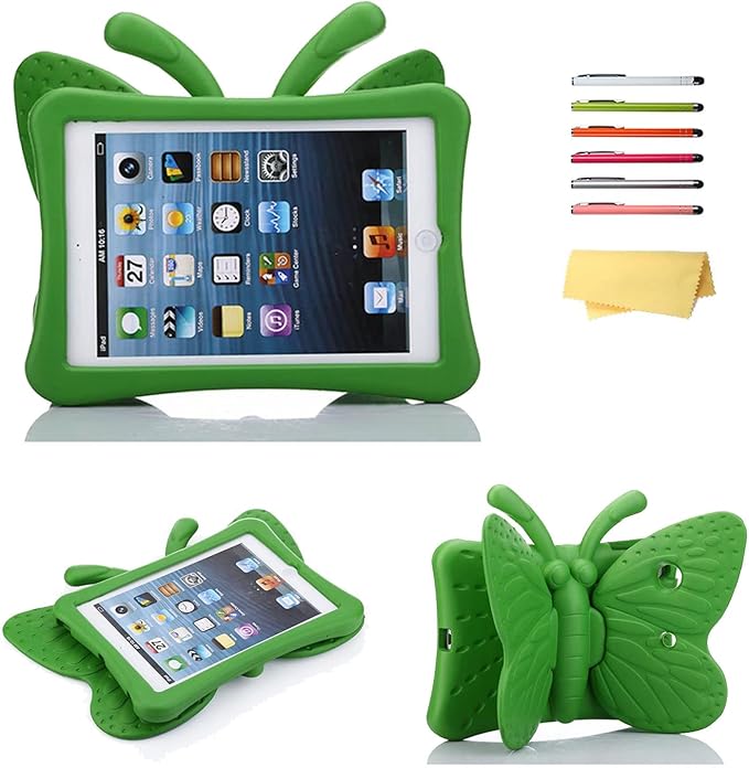 Kids Proof Case for Apple iPad mini 5/4/3/2/1 with Kickstand 3D Cartoon Soft EVA Foam Lightweight Shockproof Cover iPad mini 5th (2019) 4th/3rd/2nd/1st Generation 7.9", Green Butterfly