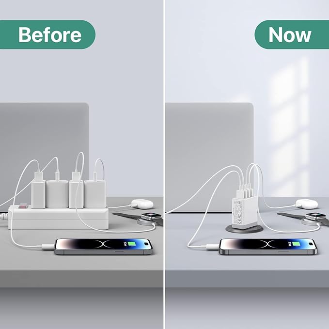 USB Charger, 4 Port USBA Wall Charging Block, Fast Charge QC 3.0 Plug Adapter Compatible with iPhone 12/13/14/15/XS/XS Max/XR/X, LG, Google Pixel and More