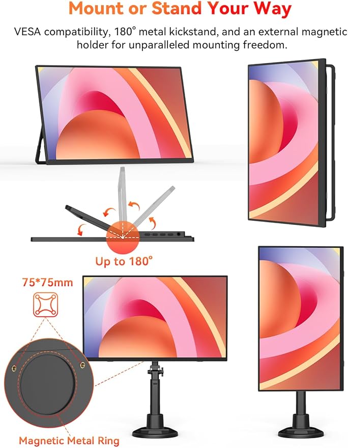 Wireless Portable Monitor Battery-Powered, Support AirPlay Miracast, 15.6" 1080P Monitor USB-C HDMI External Display w/Stand Bag, 2nd Screen for Laptop MacBook PC Phone Tablet, Built-in Battery(4- 5H)