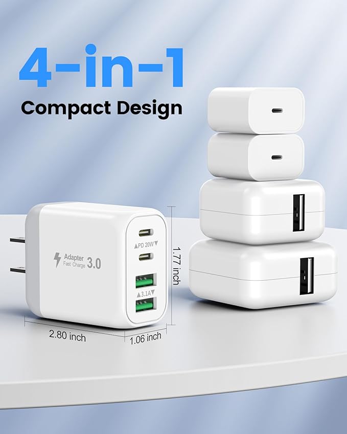 40W USB C Charger Block, 2-Pack 4-Port Fast Charging Block Power Adapter, Dual PD & QC Type-C Multiport Wall Charger for iPhone 17 16 15 14 13 12 11 Pro Max, Samsung, Tablets