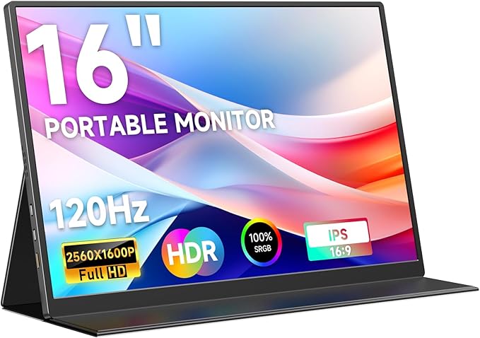 AYY 16" 2.5K 120Hz Portable Monitor, 2560x1600 HDR IPS Display, QHD 100% sRGB, USB-C & HDMI, Eye Care External Second Screen, for Laptop/PC/Phone/PS4/5/Xbox/Switch