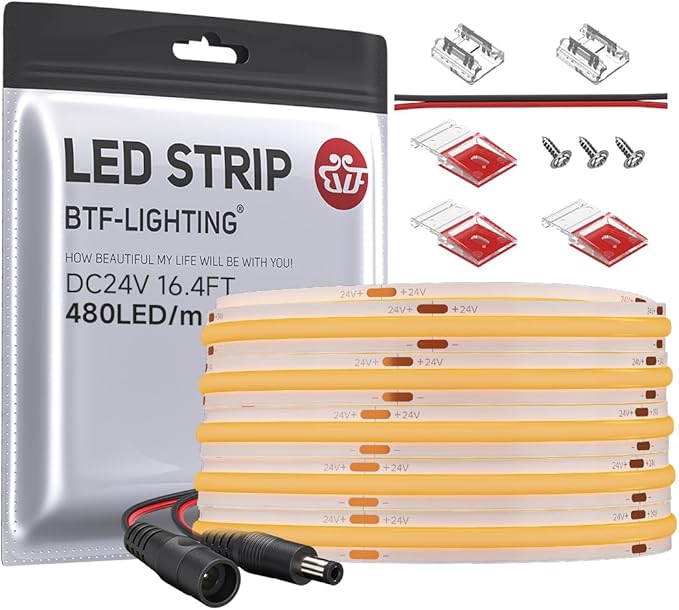 BTF-LIGHTING FCOB COB LED Strip Orange Color 480LED/m 16.4FT DC24V Flexible High Density Uniform Light 8mm Width Bright Dimmable LED Ribbon for Bedroom Indoor Decor(No Adapter or Controller)