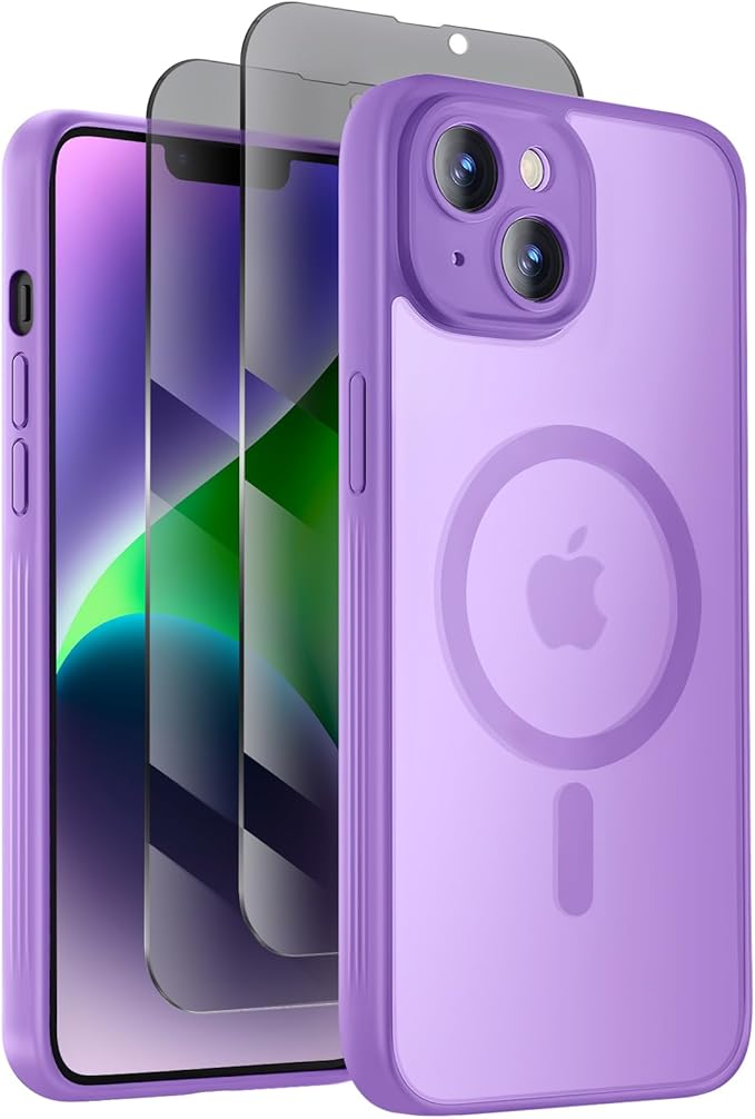 Symcele Designed for iPhone 14 Case, Compatible with MagSafe, with Privacy Screen Protectors X2, [Camera Protection] [15FT Military Drop Protection] Shockproof Phone Case, 6.1", Light Purple
