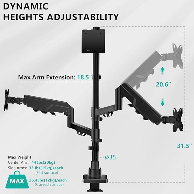 WALI Triple Monitor Mount - Extra Tall 3 Monitor Desk Mount for 13-49 Inch Ultrawide Screens, Up to 44 lbs, Fully Adjustable Heavy Duty Monitor Arm, VESA 75/100 mm (GSDM003-P), Black