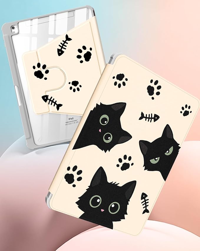 Uppuppy for iPad 9th/8th/7th Generation Case for iPad Air 3rd/ Pro 10.5” Case - 360 Rotating Stand Folio Smart Cover with Pencil Holder for Women Girl, Black Cats for Apple Tablet 7/8/9 Gen 10.2 inch