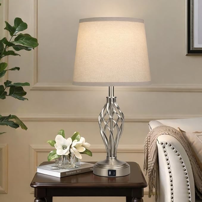 Ruiever Touch Table Lamps Set of 2, nightstand lamp with USB Ports Bedside 3 Way Touch dimmer Desk lamp for Living Room Bedroom,Nickel Plated Spiral cage Base Design Warm White dimmer Bulbs Included