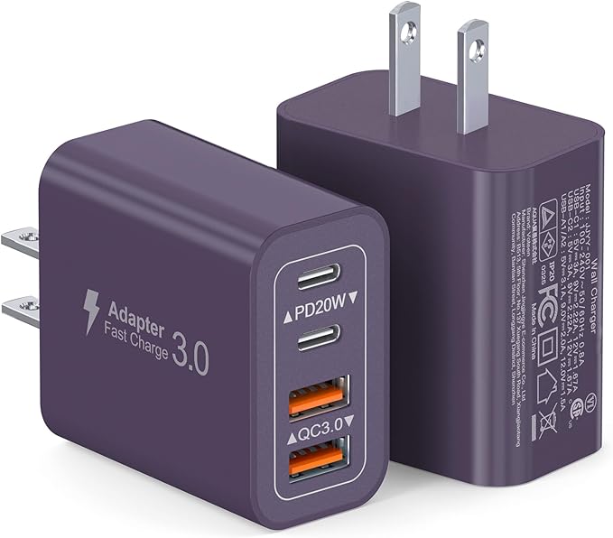 [2-Pack] 40W USB C Charger Block, 4-Port Type C Fast Charging Brick Dual PD&QC Wall Plug Adapter Power Brick for iPhone 13/14/15/16/17 Pro Max Plus/iPad/Airpods/iwatch/Samsung Galaxy (Purple)