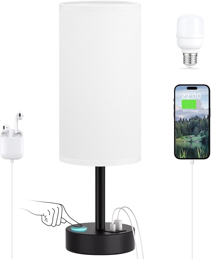 Dicoool White Touch Table Lamp with USB - 3 Way Dimmable Bedside Lamp for Nightstand, Bedroom Lamp with Black Charging Station for Desk, Office, Kids Room, Dorm, Small