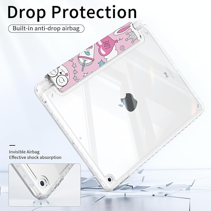 Girly Case for ipad 10.2 inch 9th Generation 2021 with Pencil Holder, ipad 8th/7th Generation Case 2020/2019, Trifold Stand Slim Shell Cover Clear Back, Pink Princess