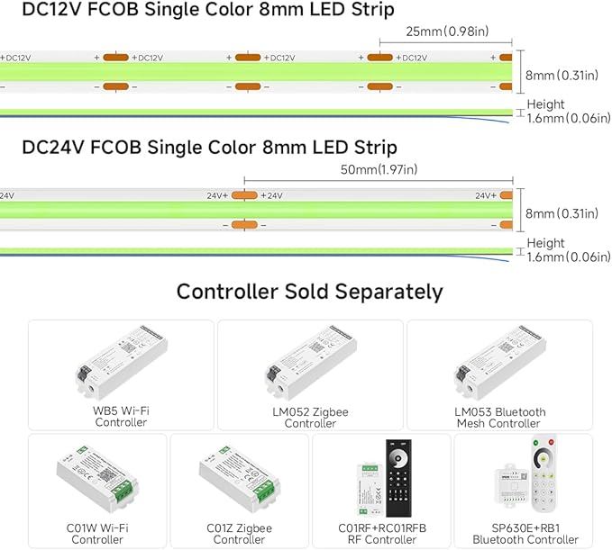 BTF-LIGHTING FCOB COB LED Strip Ice Blue Color 480LEDs/m 16.4FT DC12V Flexible High Density Uniform Light 8mm Width Bright Dimmable for Home Indoor Decor(No Adapter or Controller)