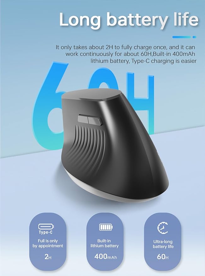 Lomiluskr Ergonomic Wireless Mouse Rechargeable, 2.4G/Bluetooth Dual Mode, Lightweight Soundless Cordless Mice, Compatible with Notebook, PC, Tablet, Smartphone (Black)