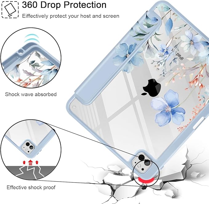 May Chen for iPad Pro 13 Inch Case M5 2025 / M4 2024, Built Pencil Holder & Clear Transparent Print Back Shell Slim Stand Shockproof Tablet Cover, Auto Wake/Sleep, Blue Flowers