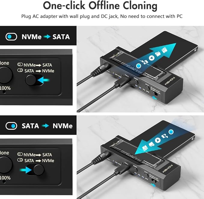 M.2 NVMe SSD Enclosure Adapter, 10Gbps SATA & M.2. NVMe Dual Bay Offline Clone USB-C Adapters Supports 3.5"/2.5" SATA SSD, Type-C Standalone Clone Duplicator