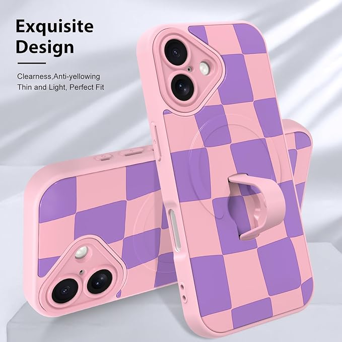 KANGHAR Compatible with iPhone 17 Case, Support for MagSafe, Silicone Checkered Cute Pattern, Wristband Kickstand Camera Protection Soft Slim Cover for Girls Women -Pink