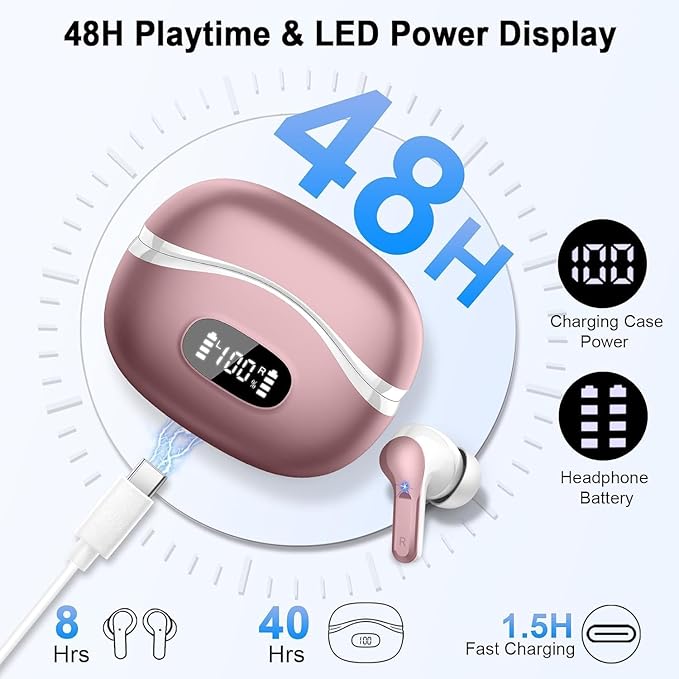 Wireless Earbuds, Bluetooth Headphones 5.4 HiFi Stereo, Ear Buds with 4 ENC Noise Cancelling Mics, 48H Bluetooth Earbuds with Dual LED Display, IP7 Waterproof Earphones for Android iOS, Pink Gold