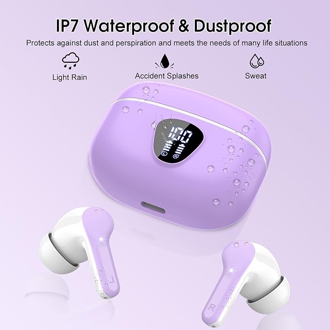Wireless Earbuds, Bluetooth 5.4 Headphones HiFi Stereo, Bluetooth Earbuds with ENC Noise Cancelling Mic, IP7 Waterproof in Ear Earphones, 48H, LED Display Ear buds for Pad Workout Sports, Purple