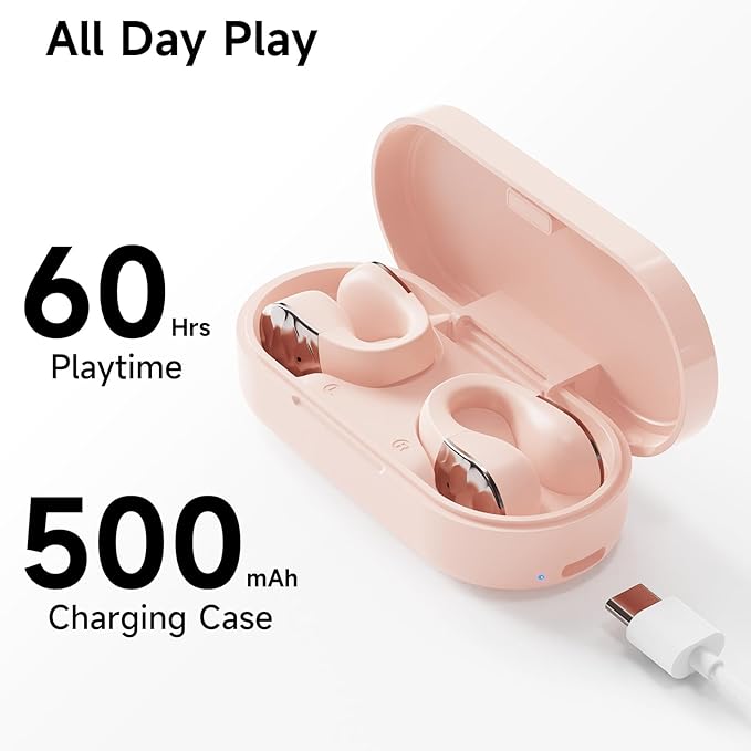aigo Open Ear Earbuds, Wireless Bluetooth Earphone, Clip on Headphones, Over The Ear Earbuds for Fitness Running Gym Workouts, Built-in Mic, Wireless Charging, Pink Headset