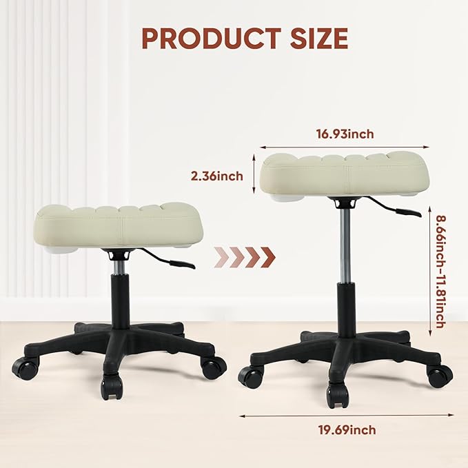 Height Adjustable Foot Stool,550lbs Heavy Duty Large Seat Under Desk Footrest,Swivel Rolling Chair Sturdy Wheels,2 in 1 Ottoman Stool Meeting Chair for Home Office,Creamywhite