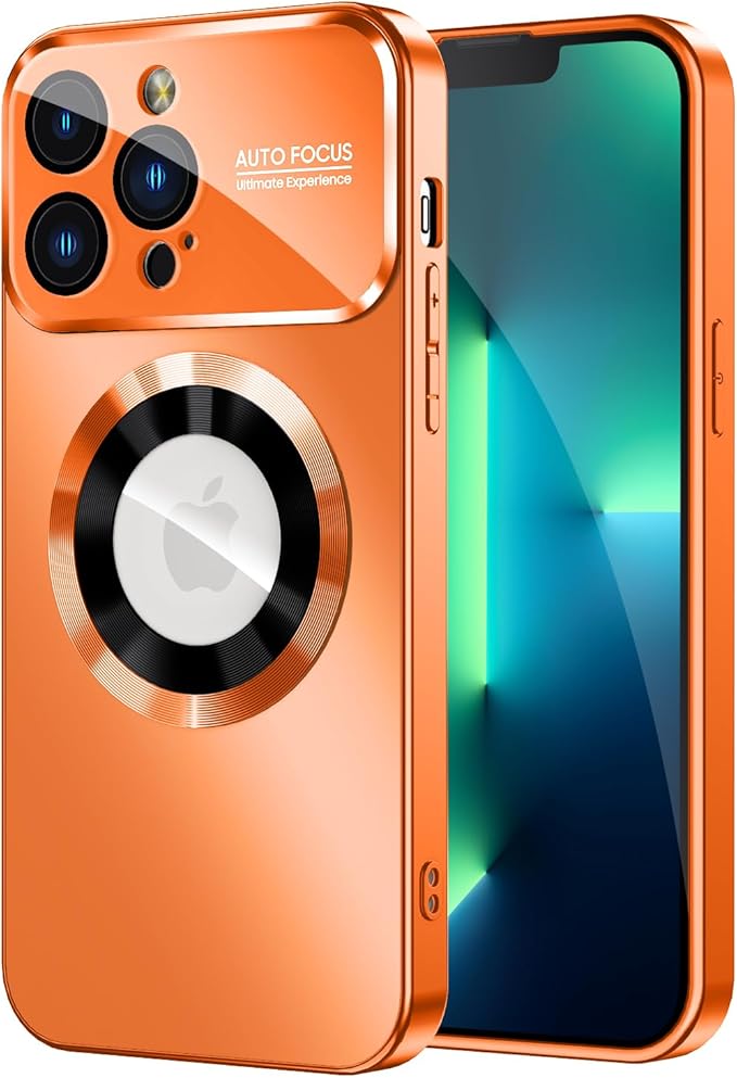 MAKAVO Magnetic for iPhone 13 Pro Max Case, Compatible with MagSafe, Built-in Camera Lens Protector, Logo View, Military Grade Drop Proof Phone Case Cover, Orange