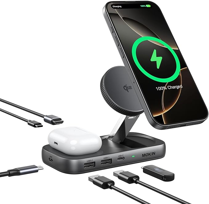 MOKiN USB C Hub 15W Wireless Charger, Qi2 Certified Magsafe Charging Stand with 4K@60Hz HDMI, 100W PD, 10Gbps USB C/A, and 5W Charging Pad, Laptop Docking Station for MacBook/Windows