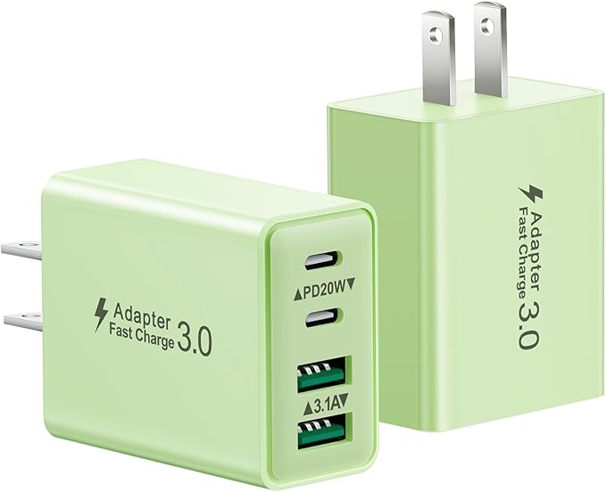 KOUEMGI 2-Pack 40W 4-Port USB C Fast Charging Block (Green), Dual PD+QC Charger Cube for iPhone 15/15 Plus/15 Pro/15 Pro Max, iPad, Samsung, LG, Google Pixel