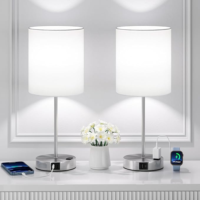 White Touch Lamps for Nightstand Set of 2 - Bedside Table Lamp for Bedroom with Dual USB Ports & AC Outlet, 3-Way Dimmable Lamps for Living Room Boys Room, Night Light with 5000K Daylight Bulbs