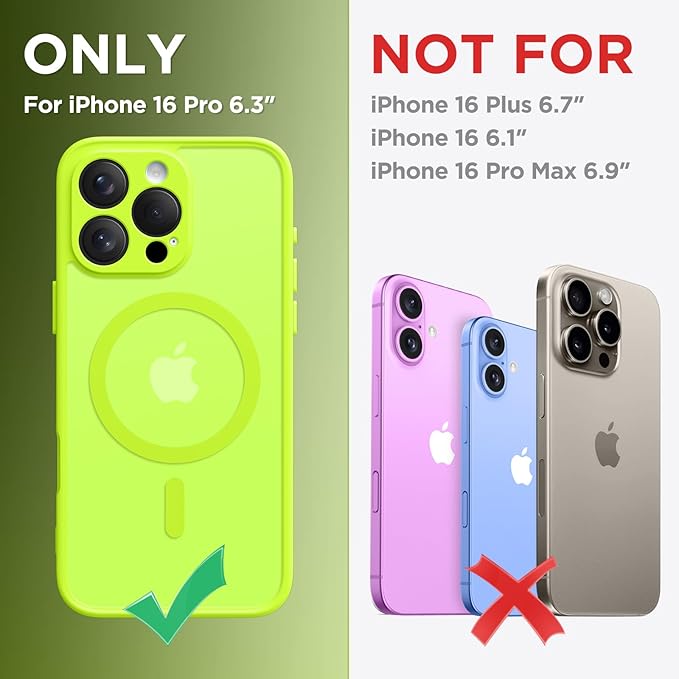 CAPRARO Magnetic Compatible with iPhone 16 Pro Case, Upgraded [Full Camera Protection] [Compatible with MagSafe] Protective Translucent Matte Women Girl Phone Case Cover, Fluorescent Green