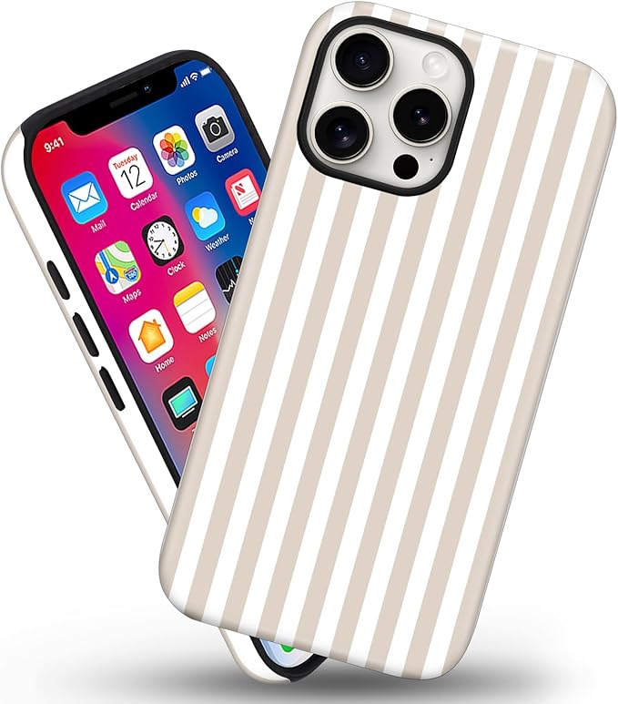 Magnetic for iPhone 12/12P Case Cute Stripes Phone Case, Shockproof Slim TPU and Hard PC Protective Phone Cover Compatible with MagSafe Designed for Women Girls, Apricot