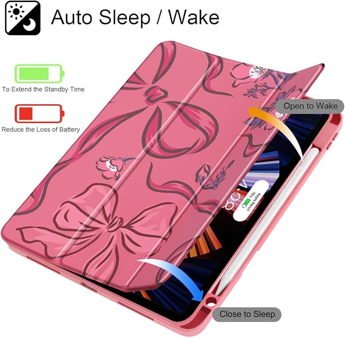 Mektron Case for iPad Pro 11 inch (4th, 3rd, 2nd & 1st Gen) 2022 2021 2020 2018, Buit in Pencil Holder with Shockproof Cover Clear Shell + Auto Wake/Sleep, Flowers-Bows-Red