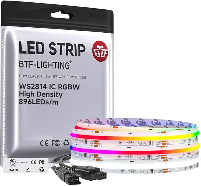 BTF-LIGHTING FCOB COB LED Strip WS2814 Smart IC RGBW 6000K, UL Listed 896LEDs/m High Density Color Chasing Uniform Light, DC24V 9.8FT 12mm Width for Home Party DIY Decor(No Adapter or Controller)
